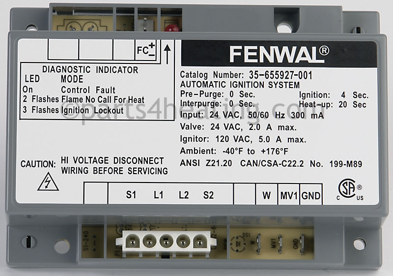 Fenwal Controls Inc. Ignition Control 24 Vac Hot Surface Ce/Csa - Part Number: 35-655927-001 &lt;/SPAN&gt; &lt;SPAN STYLE=&#39;COLOR: GREEN; FONT-WEIGHT:BOLD&#39;&gt;