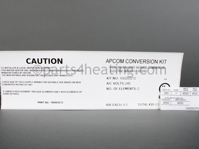A.O. Smith CONVERSION,LTE/DCE,2 ELEMENT,4500W240V - Part Number 100293212