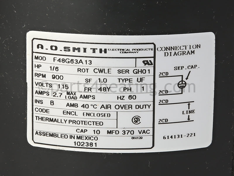 Reznor Fan Motor, Enclosed, 115V, 1 Phase, 60Hz - Part Number 102381