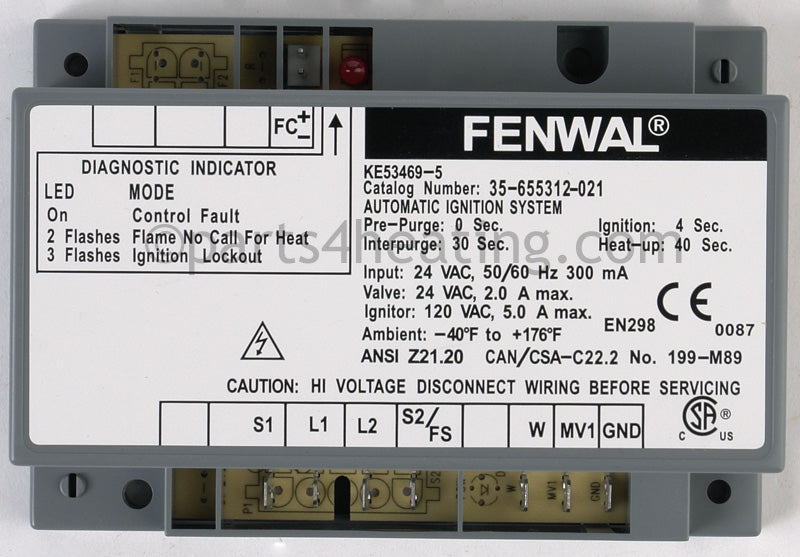 Fenwal Controls Inc. Ignition Control 24 Vac Hot Surface Ce/Csa - Part Number: 35-655312-021