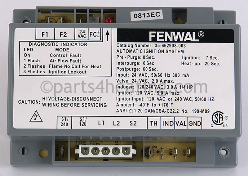 Fenwal Controls Inc. Ignition Control 24 Vac Hot Surface W/Blower Relay Csa - Part Number: 35-662903-003