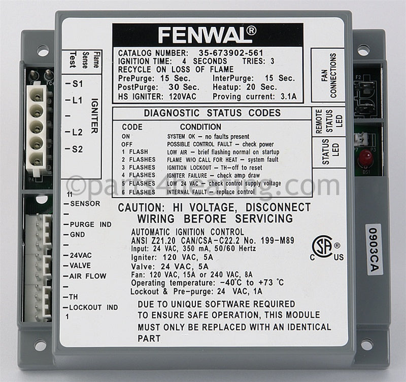 Fenwal Controls Inc. Ignition Control 24 Vac Proven Hsi W/Blower Relay - Part Number: 35-673902-561