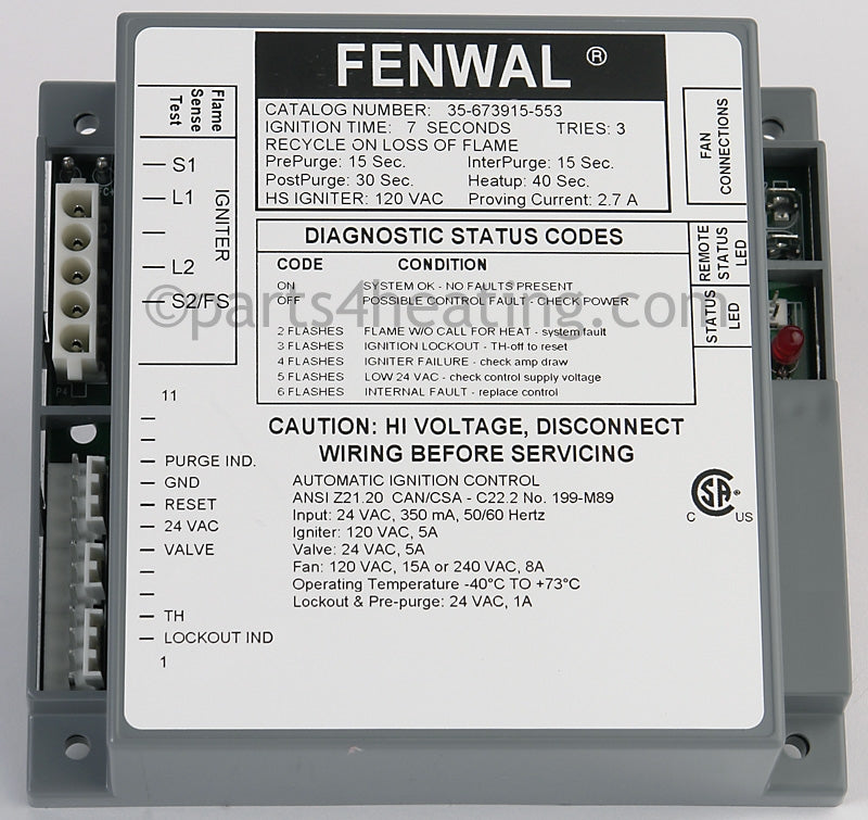 Fenwal Controls Inc. 24 Volts Ac Proven Hot Surface Ignition Control With Combustion Blower Relay Microprocessor Based - Part Number: 35-673915-553