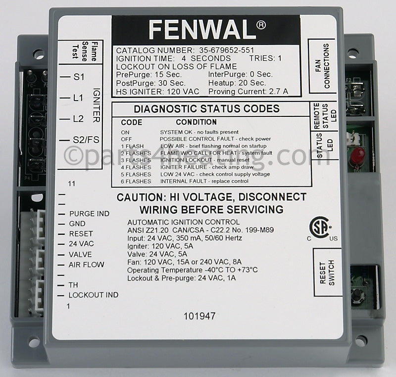 Fenwal Controls Inc. Ignition Control 24 Vac Proven Hsi - Part Number: 35-679652-551 , RIVERSIDE BOILER 120437