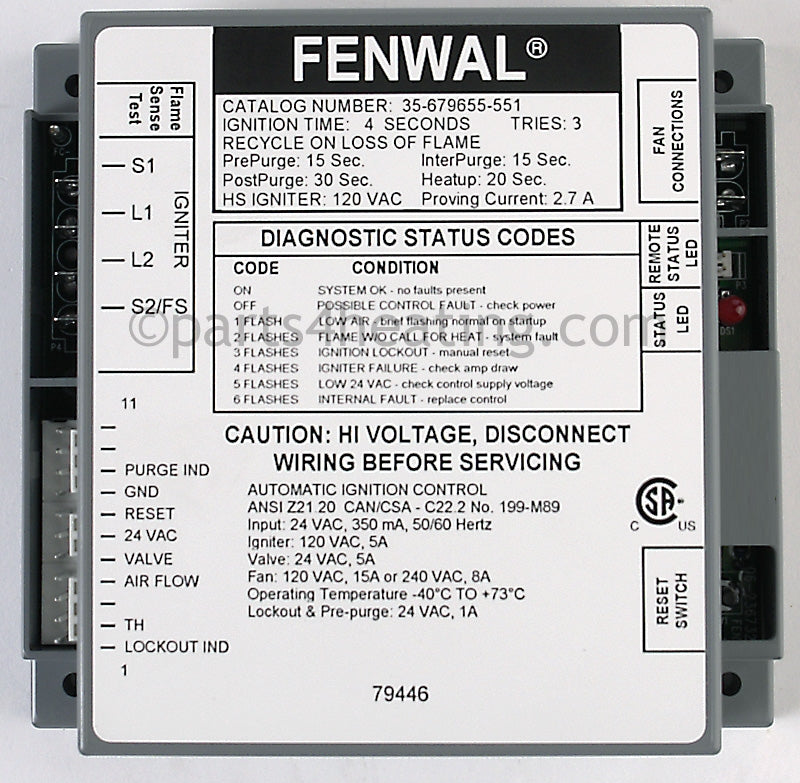 Fenwal Controls Inc. Ignition Control 24 Vac Proven Hsi W/Blower Relay - Part Number: 35-679655-551