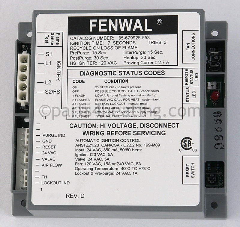 Fenwal Controls Inc. Ignition Control 24 Vac Proven Hsi W/Blower Relay - Part Number: 35-679925-553