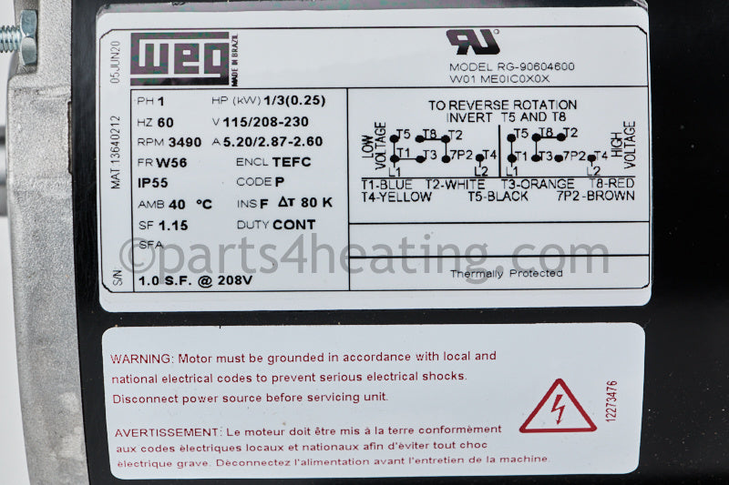 Roberts Gordon Motor - 1/3 Hp (For Ep-100 Pumps Made After Dec '92) - Part Number 90604600
