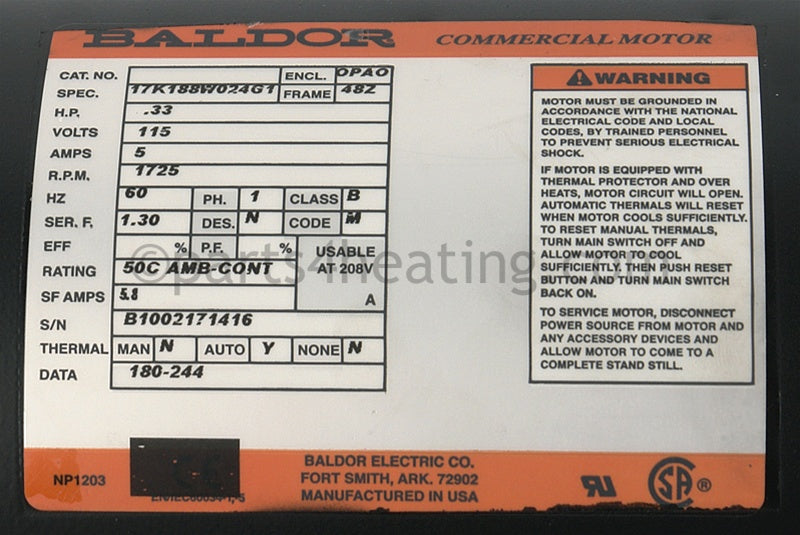 Laars Heating Systems Pump 1/3 Hp - Part Number: RA2115101